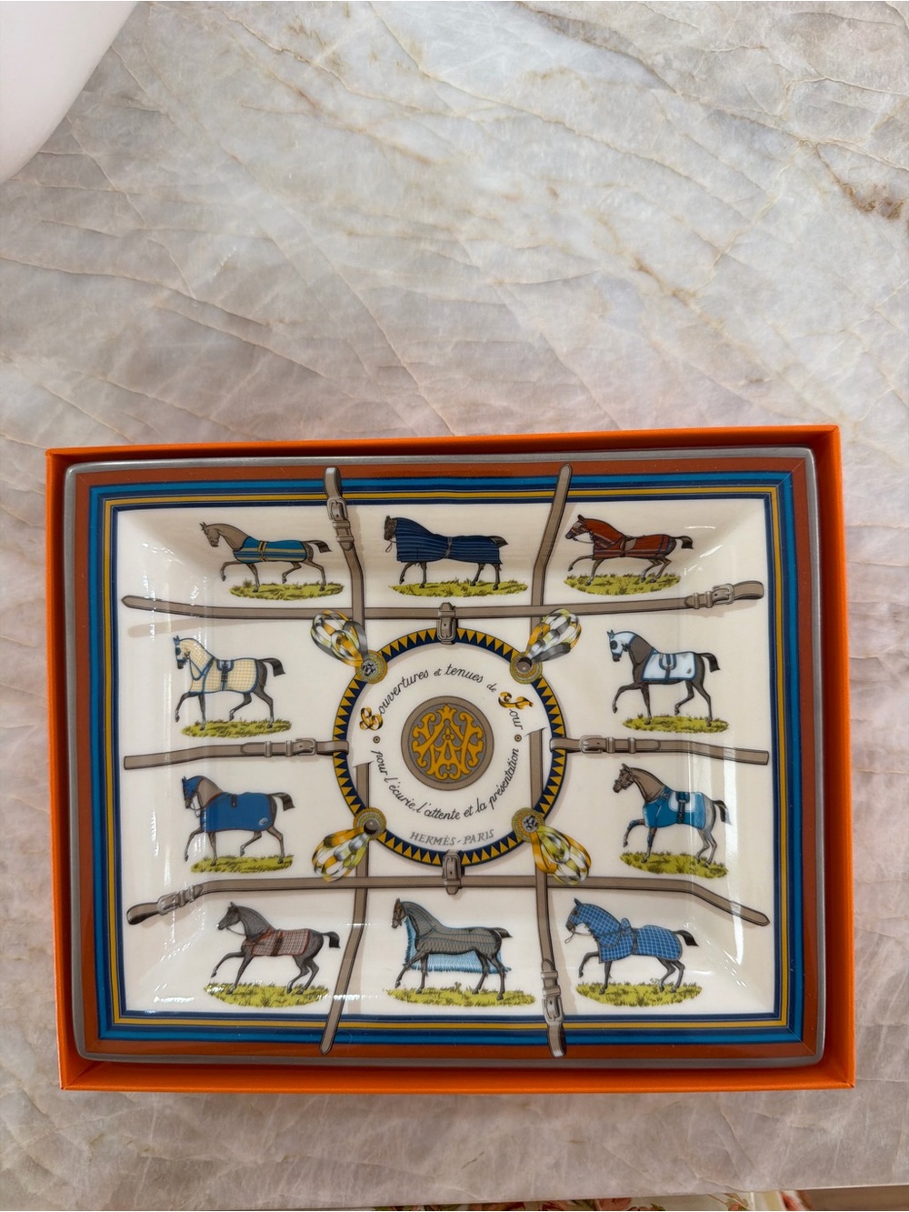 Hermes Equestrian Ceramic Trinket Tray - Blue, White, Orange